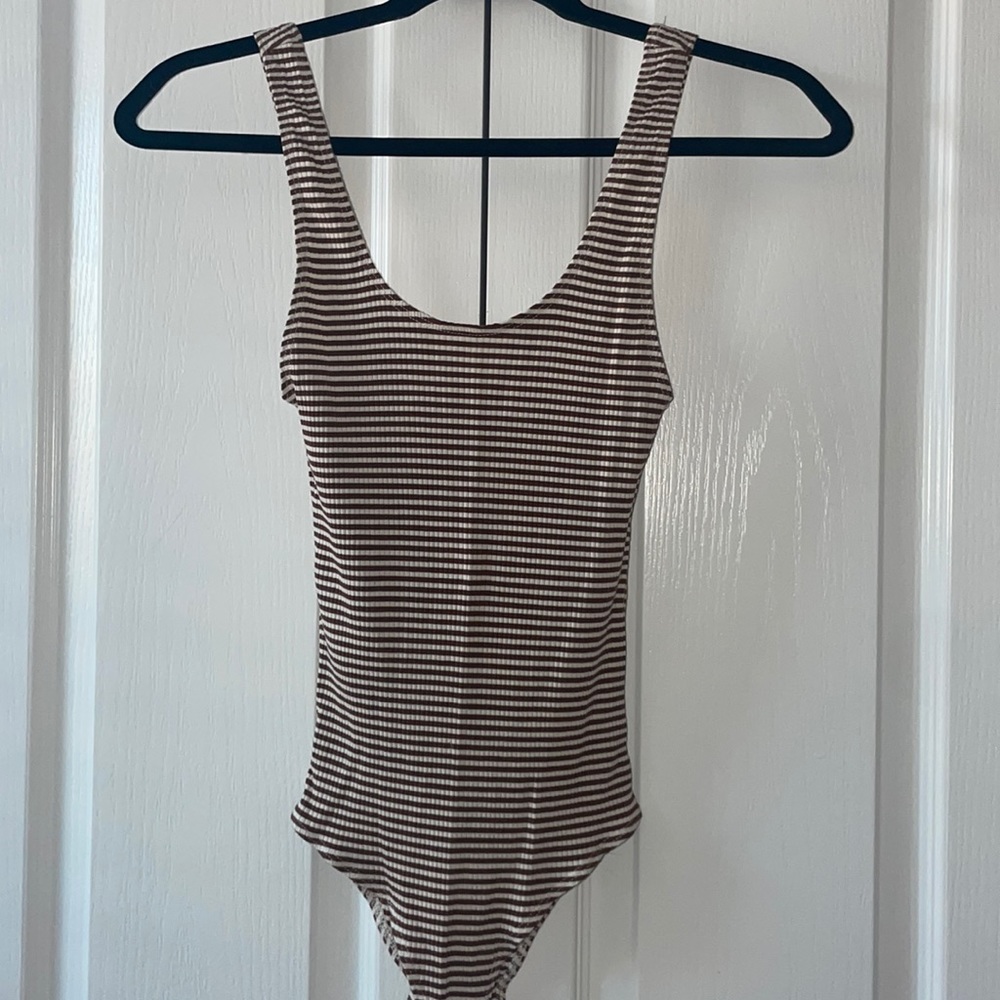 Brown and white stripe Reformation body suit